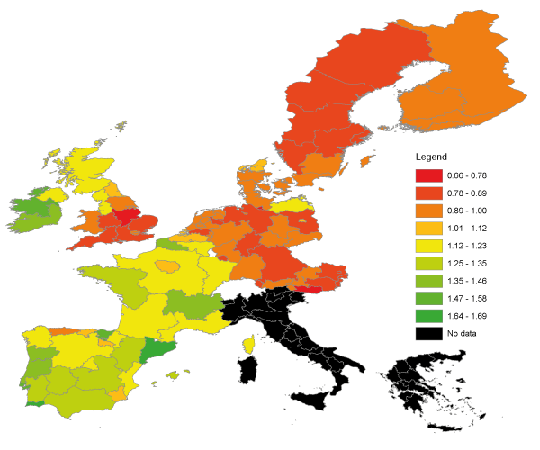 図2：欧州における地域統計分類単位ごとの信頼の比率（2014/15年）