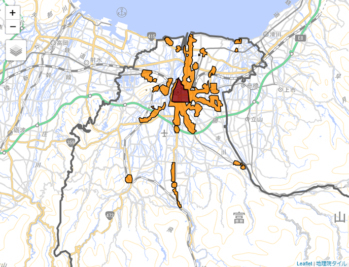 図1：富山市における中心市街地活性化基本計画の対象区域と公共交通沿線居住推進補助対象地区
