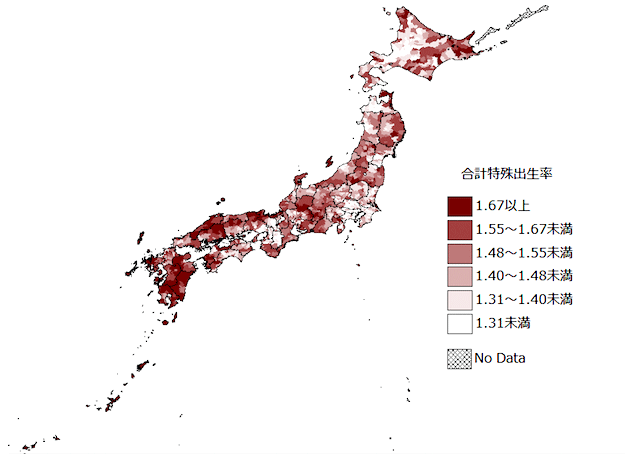 図1：市区町村別の合計特殊出生率（平成20年～平成24年）