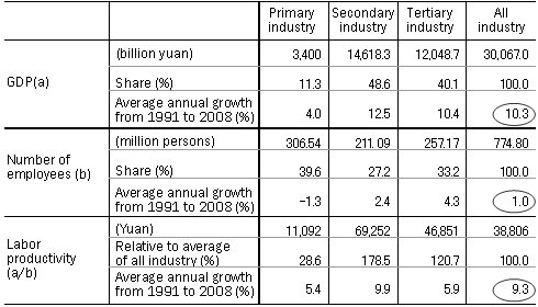 Table 1: GDP, employment and labor productivity by industry (2008)