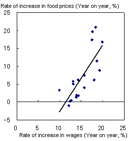 Figure 3: Correlation between the Rate of Increase in Food Price and the Rate of Increase in Wages (2006Q1-2010Q3)