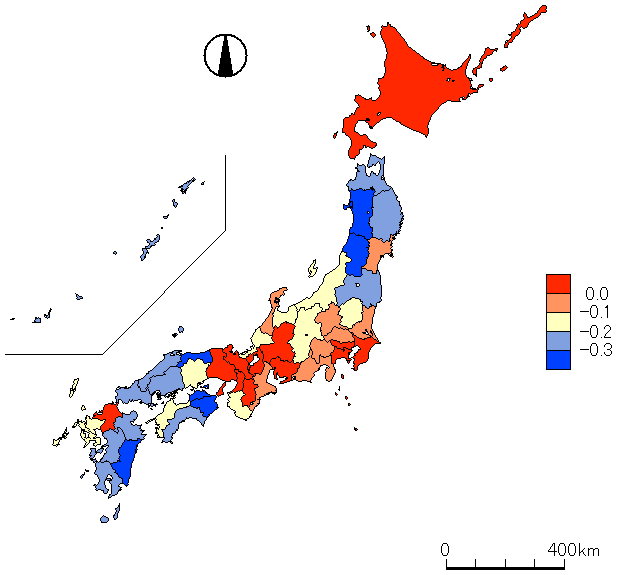 Figure 5．Sales Per Employee by Prefecture (value relative to the value “0” in Hokkaido)