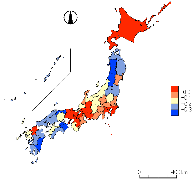 Figure 5.Sales Per Employee by Prefecture (value relative to the value “0” in Hokkaido) Figure 5.Sales Per Employee by Prefecture (value relative to the value “0” in Hokkaido)