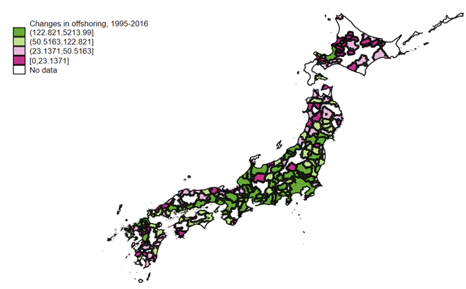 Figure 3 Changes in offshoring between 1995 and 2016, by urban employment area