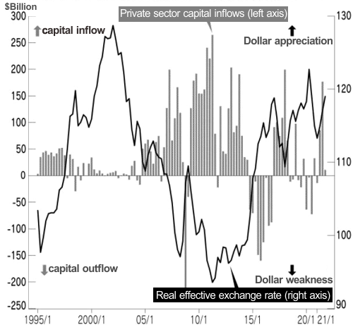 Private Sector Capital Inflows and the Real Effective Exchange Rate of the Dollar in Emerging Markets