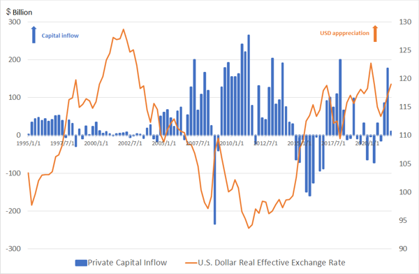 Figure: Private Capital Inflow and U.S. Dollar Real Effective Exchange Rate