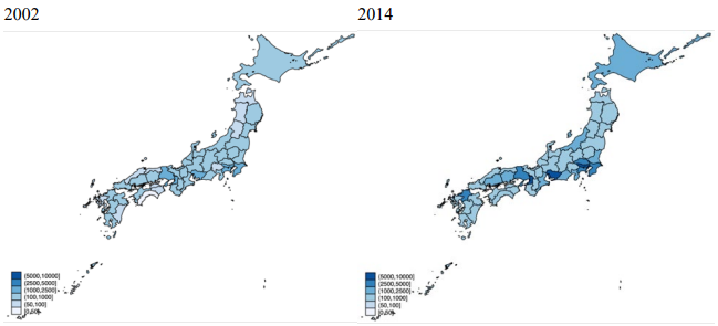 Figure 1. Imports of manufactured goods from China (intermediate products, 2002 and 2014)
