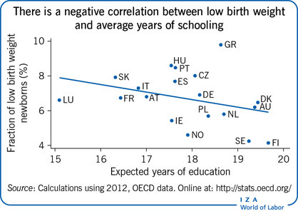There is a negative correlation between low birth weight and average years of schooling There is a negative correlation between low birth weight and average years of schooling