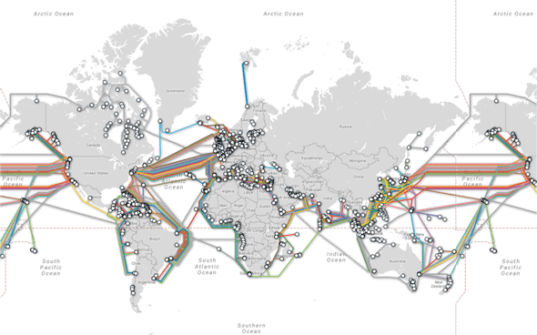 図1：インターネットの基幹回線：世界の光海底ファイバーケーブル網