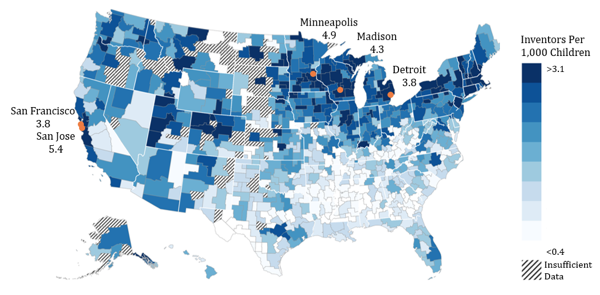 Figure 3. The Origins of Inventors: Patent Rates by Area Where Children Grow Up Figure 3. The Origins of Inventors: Patent Rates by Area Where Children Grow Up