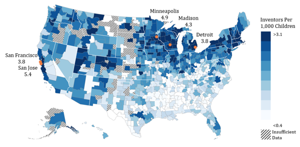 Figure 3. The Origins of Inventors: Patent Rates by Area Where Children Grow Up