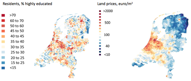 Figure 1: Percentage Highly Educated Per Zip Code (left) and Land Prices, in euro/m2 (right) Figure 1: Percentage Highly Educated Per Zip Code (left) and Land Prices, in euro/m2 (right)