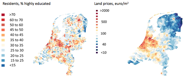 図1：郵便番号別の高学歴者の割合（左）と地代（単位：ユーロ/m2）（右）