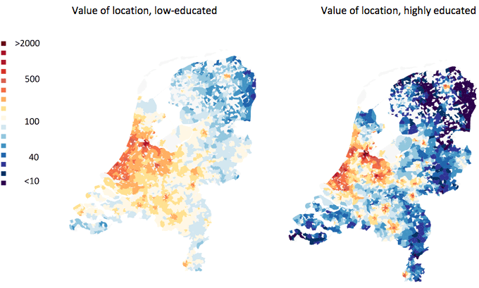 図2：地区の価値（単位：ユーロ/m2）、低学歴者（左）、高学歴者（右）