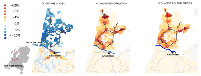 Figure 3: Location of Jobs and Population, Situation with Tunnels Compared to Situation Without Tunnels