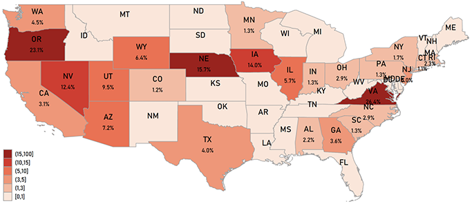 Figure 3 Share of electricity demand from data centres in US states