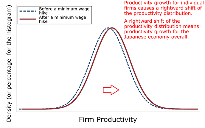 Figure 1. Changes in the Productivity Distribution Under the Hypothesis That a Minimum Wage Hike Causes Productivity Growth for Individual Firms
