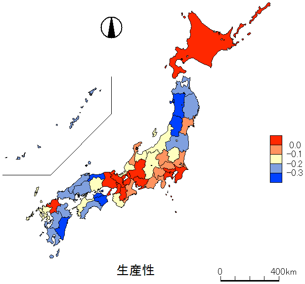 図5：都道府県の従業員1人当たり売上高（北海道＝0としたときの相対値）