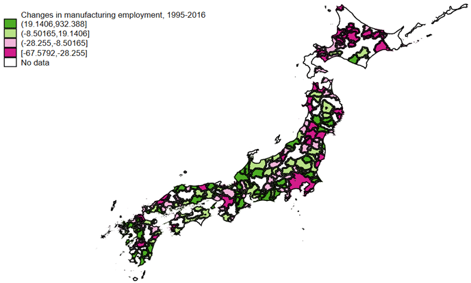 図2. 1995年～2016年の都市雇用圏別製造業雇用の変化