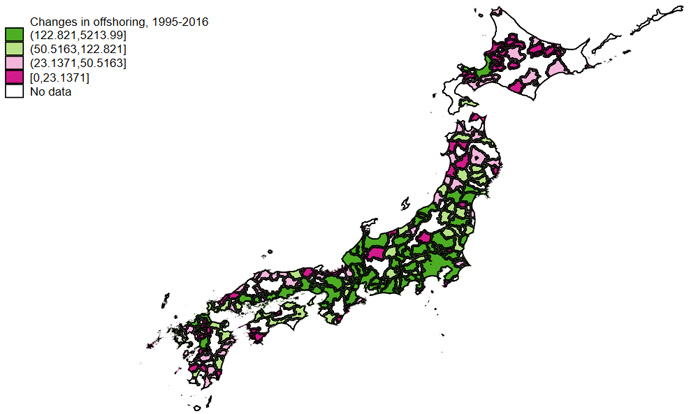 図3. 1995年から2016年までの都市雇用圏別オフショアリングの変化