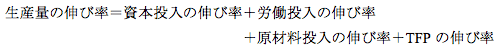 生産量の伸び率＝資本投入の伸び率＋労働投入の伸び率＋原材料の伸び率＋TFPの伸び率