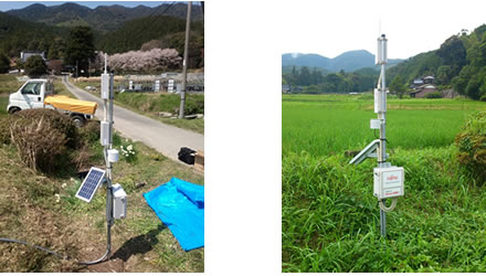 写真2：水田に設置されているセンサーと発信器