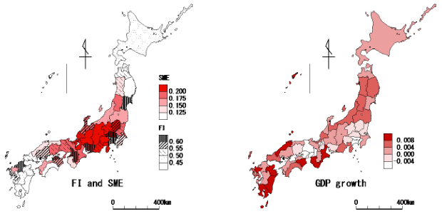 図：都道府県別の中小企業比率、金融市場の統合、GDP成長率