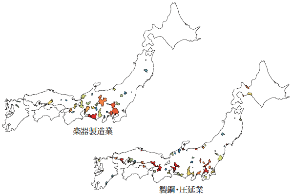 図1：楽器製造業と製鋼･圧延業の集積群