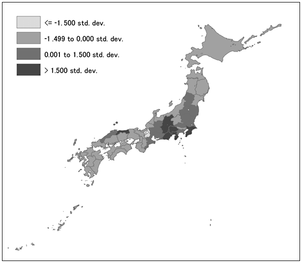図1:参加・協力型学習の強さに関する都道府県別特性 図1:参加・協力型学習の強さに関する都道府県別特性