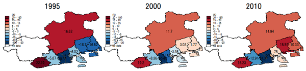 図2：神戸市内各区人口に対する、震災の影響（1995年、2000年、2010年）