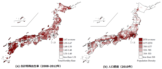 図1：市区町村別の合計特殊出生率と人口密度の関係