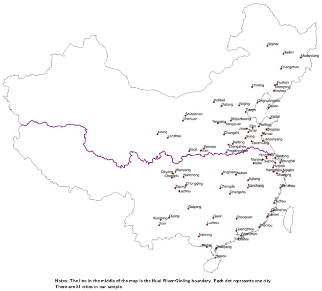 図1：淮河の位置、および本稿で空気洗浄機売り上げデータを収集した都市