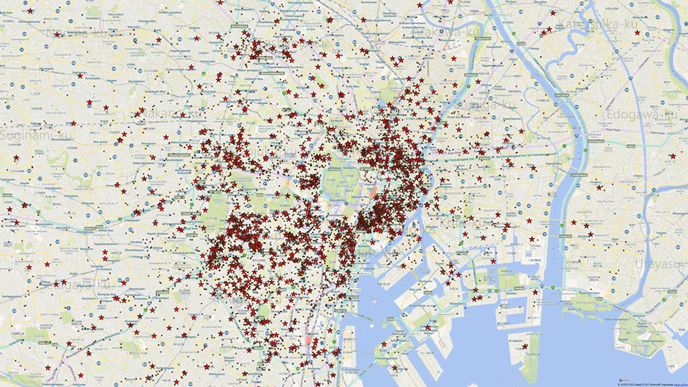 図:東京圏における不動産取引地点の分布(星は外国投資家が購入したもの、点は国内投資家が購入したものを示している) 図:東京圏における不動産取引地点の分布(星は外国投資家が購入したもの、点は国内投資家が購入したものを示している)