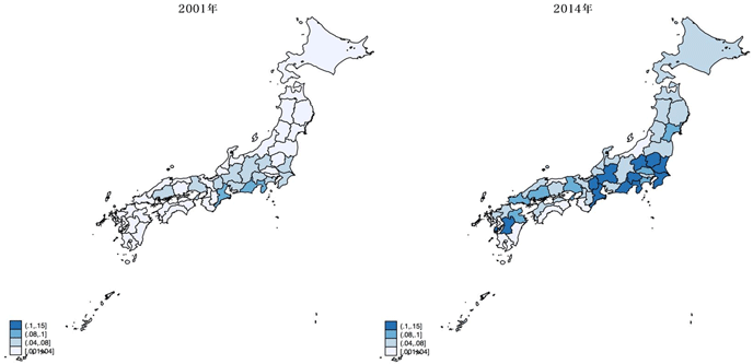 図1：都道府県別の正規雇用者数に対する派遣労働者数の割合