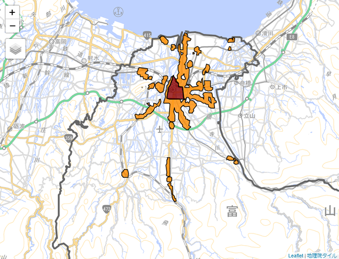 図1:富山市における中心市街地活性化基本計画の対象区域と公共交通沿線居住推進補助対象地区 図1:富山市における中心市街地活性化基本計画の対象区域と公共交通沿線居住推進補助対象地区