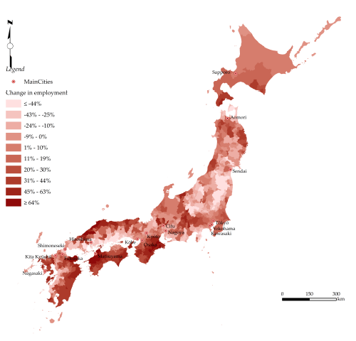 図2：すべての新幹線がなくなったときの雇用の変化