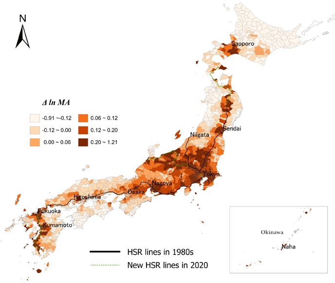 図．1983年から2020年までの新幹線ネットワーク整備によるMAの変化