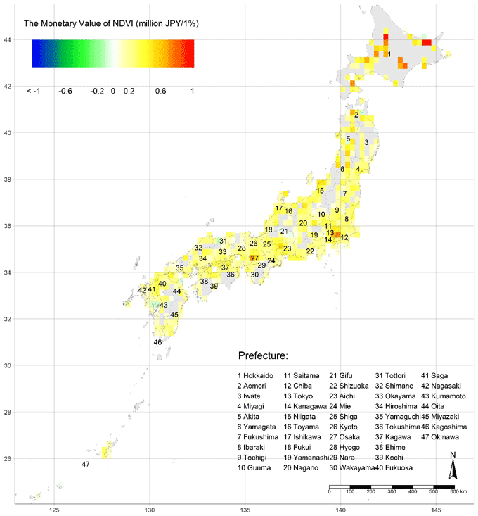 図2: NDVIの平均貨幣価値の分布図