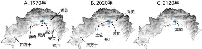 図4. 高知県の都市の過去・現在・未来