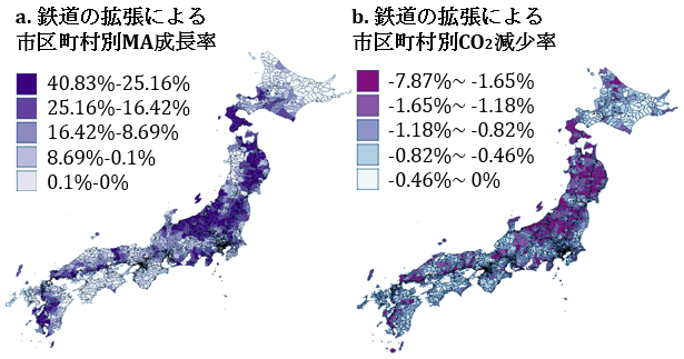 図1　1990年から2019年の30年間のMAの成長(a)とMAに基づいて計算された市区町村別CO2減少率(b)。濃い色は、より高いMAの成長(a)とより高いCO2減少率(b)を示している。