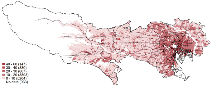 図2　京都における住居系建物の高さの90パーセンタイル値の空間的分布