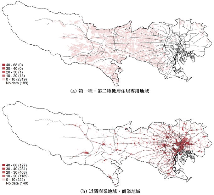 図3　東京都における用途地域別の住居系建物の高さの90パーセンタイル値の空間的分布