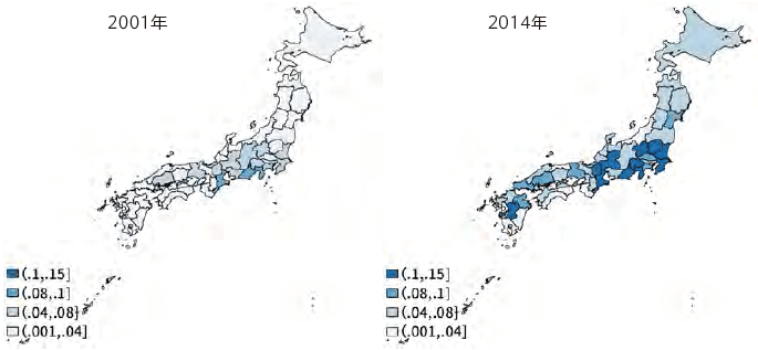 図1：都道府県別の正規雇用者数に対する派遣労働者数の割合