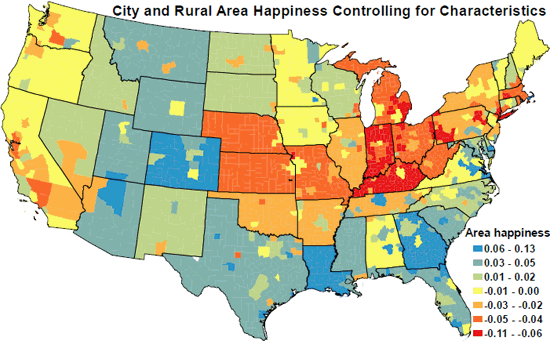図1：都市と農村の推定幸福度（調整後）