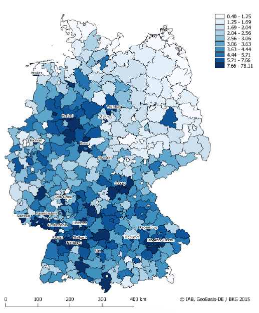 図2：ドイツ各地の労働市場におけるロボットの導入（1994-2014年）