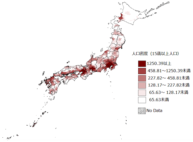 図2:市区町村別の人口密度 図2:市区町村別の人口密度