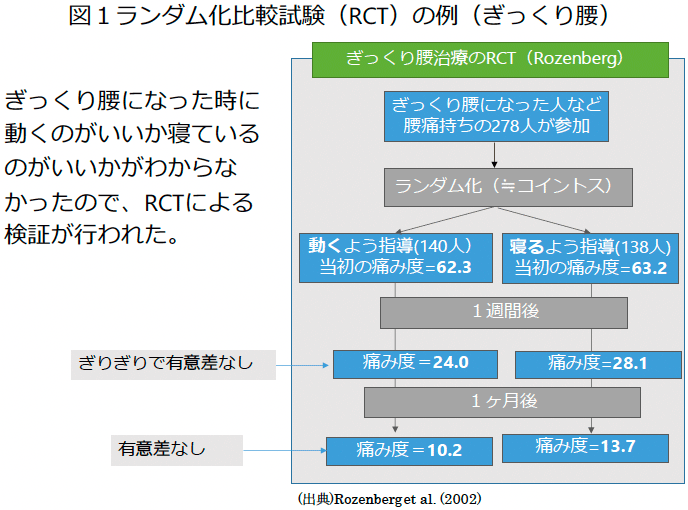 図1 ランダム化比較実験(RCT)の例(ぎっくり腰) 図1 ランダム化比較実験(RCT)の例(ぎっくり腰)
