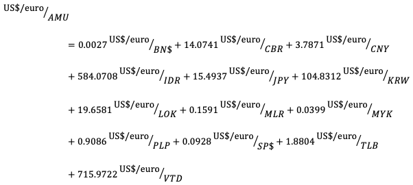We can use the AMU weights in Table 2 to calculate an exchange rate for the AMU in terms of the US$-euro as follows