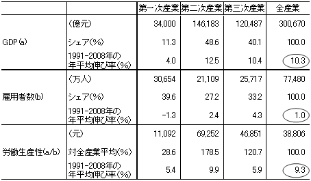 表1　各産業のGDP・雇用者数・労働生産性（2008年）