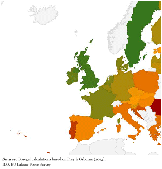 Frey&Osborne(2013) の研究結果をEU28に適用すると、54%の雇用者がコンピュータ化による危険にさらされている